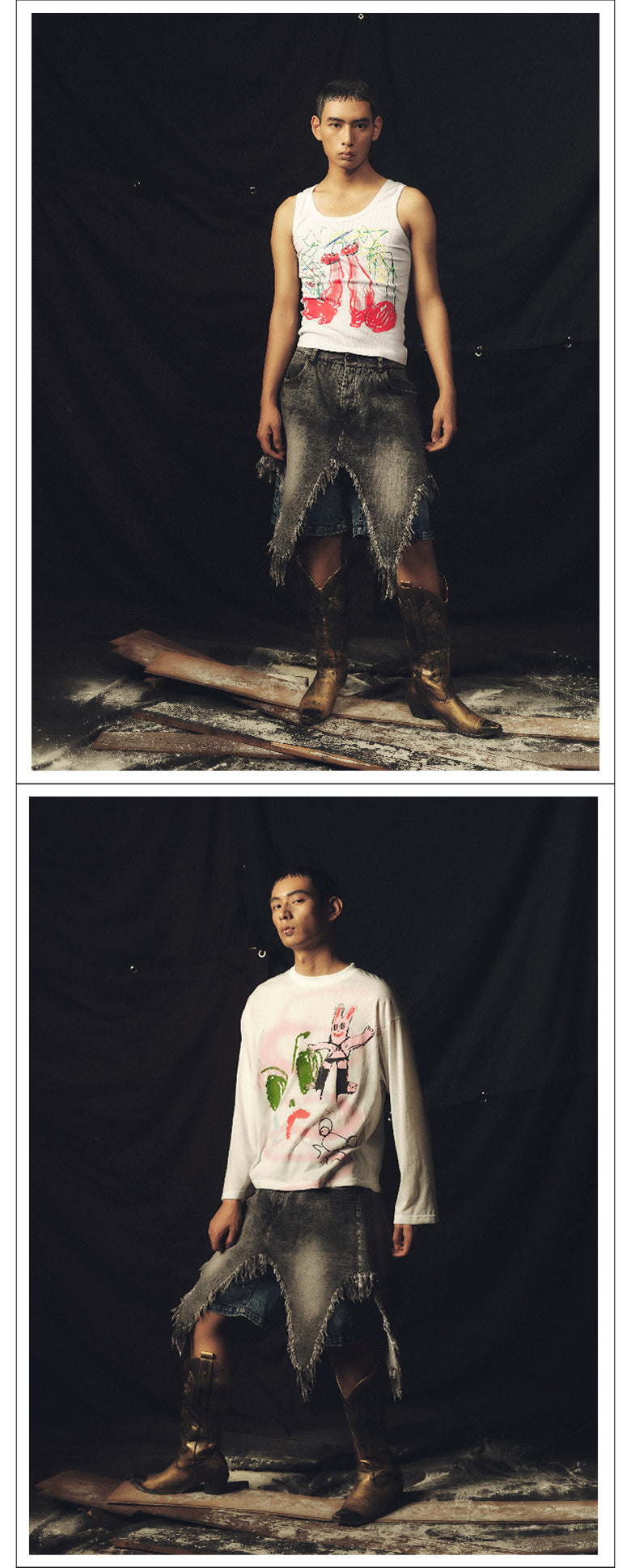 Double layered ruffled washed denim shorts