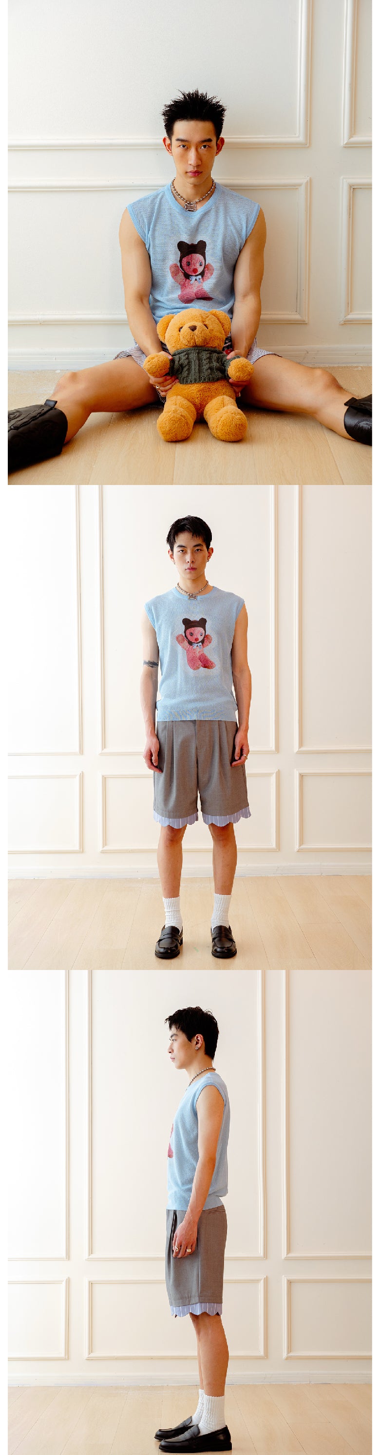 Blue teddy bear printed sleeveless vest