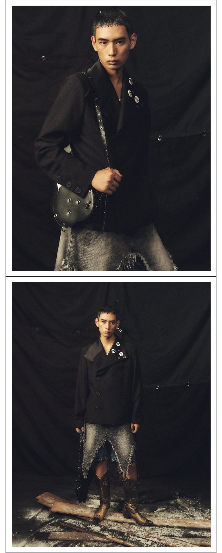 Large button shiny collar short suit