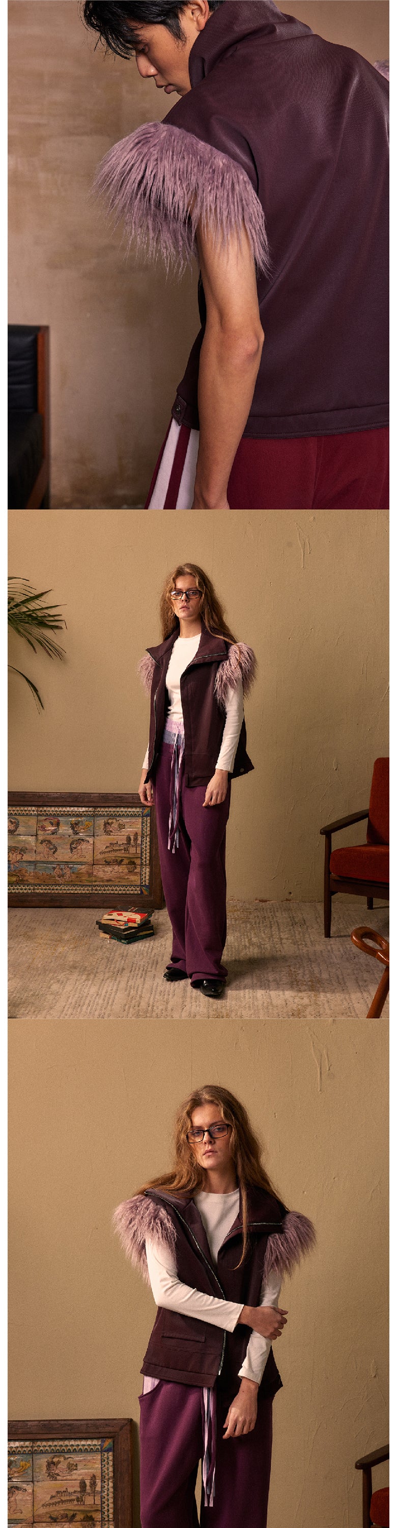 Purple hairy shoulder sleeveless vest