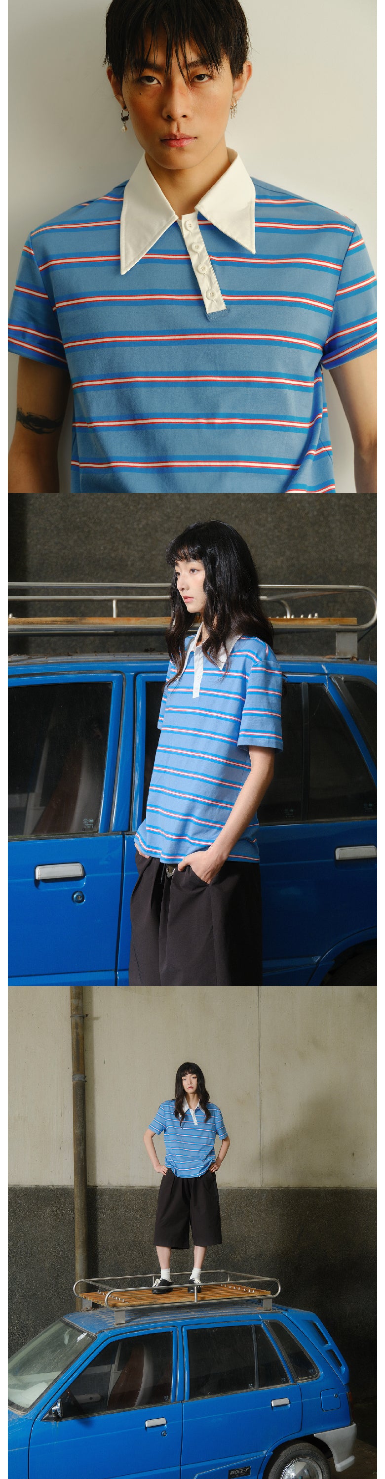 Striped askew collar polo shirt