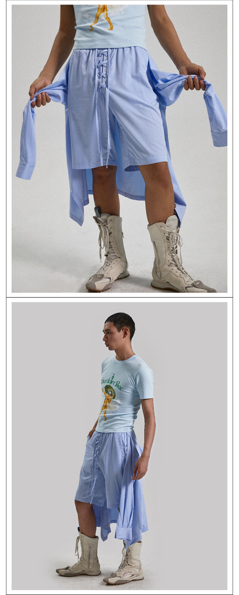 Light blue two piece shirt with strap shorts