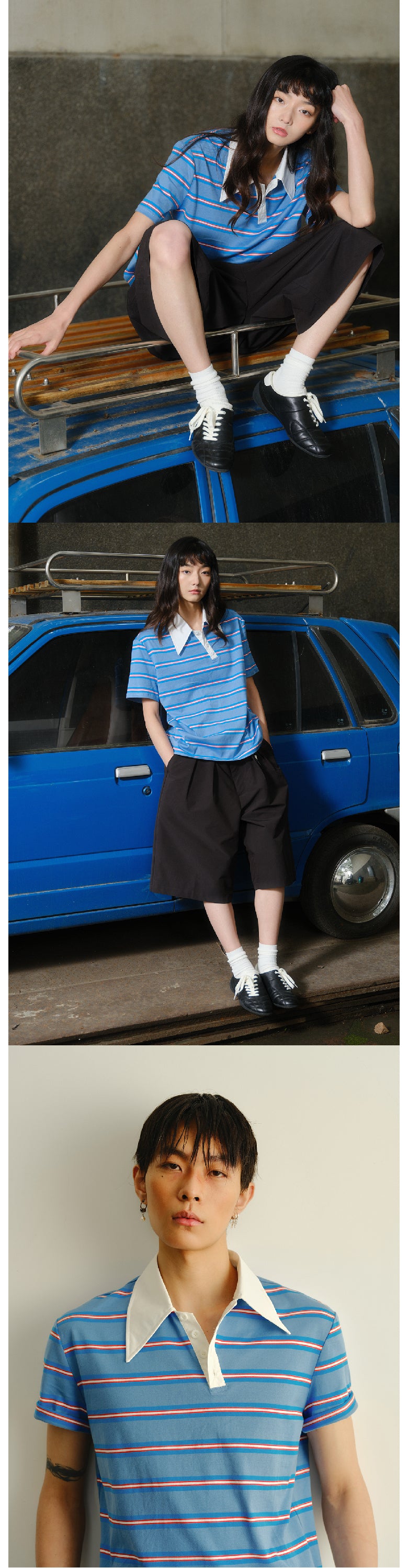 Striped askew collar polo shirt