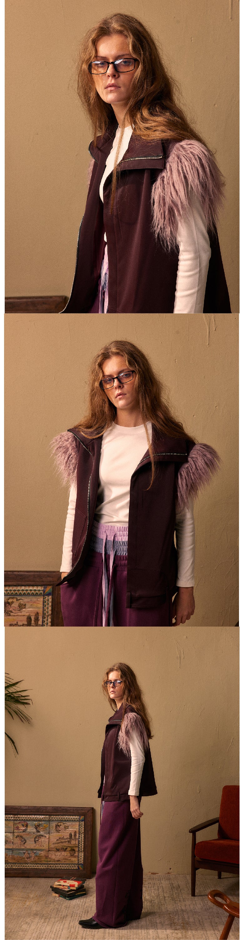 Purple hairy shoulder sleeveless vest