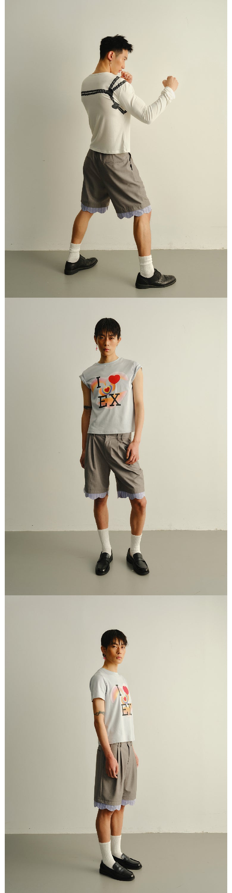 Arrow pants with ruffled edges, suit shorts