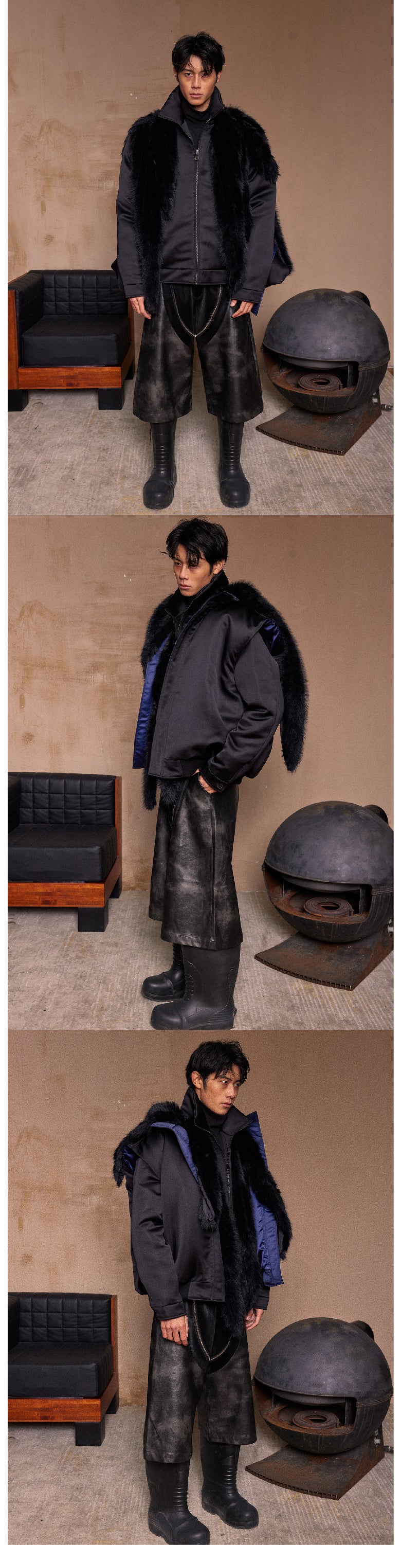 Black spliced leather zipper shorts