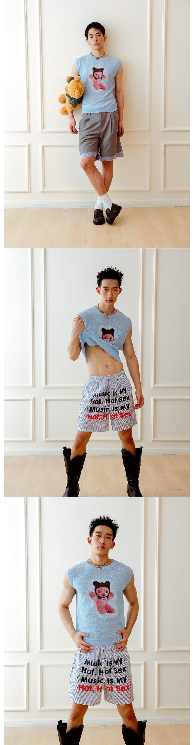 Blue teddy bear printed sleeveless vest