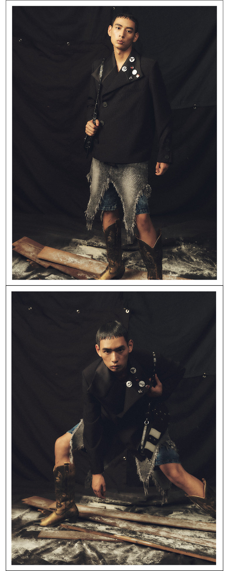 Large button shiny collar short suit