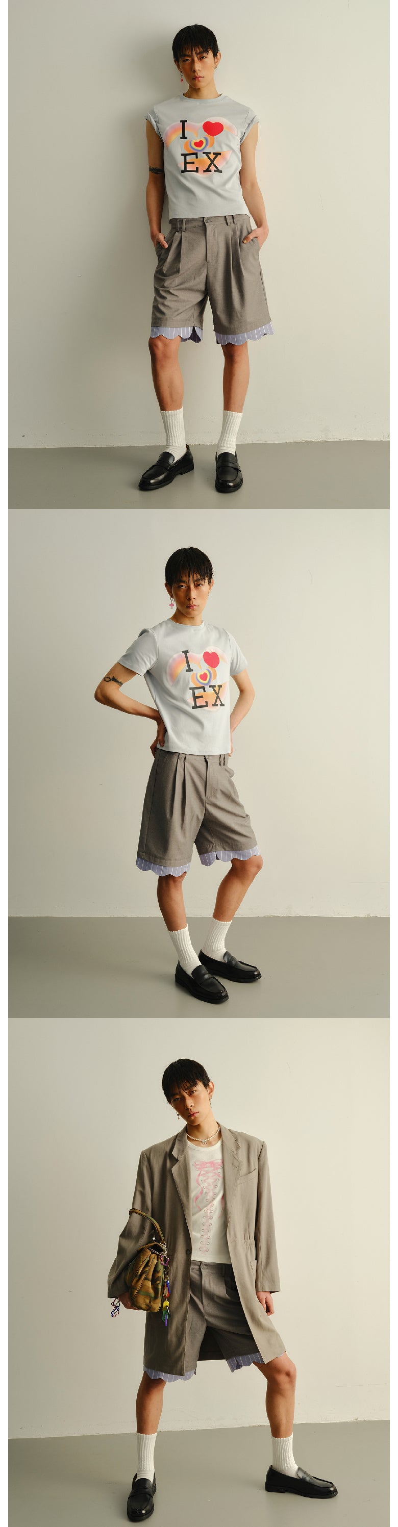 Arrow pants with ruffled edges, suit shorts