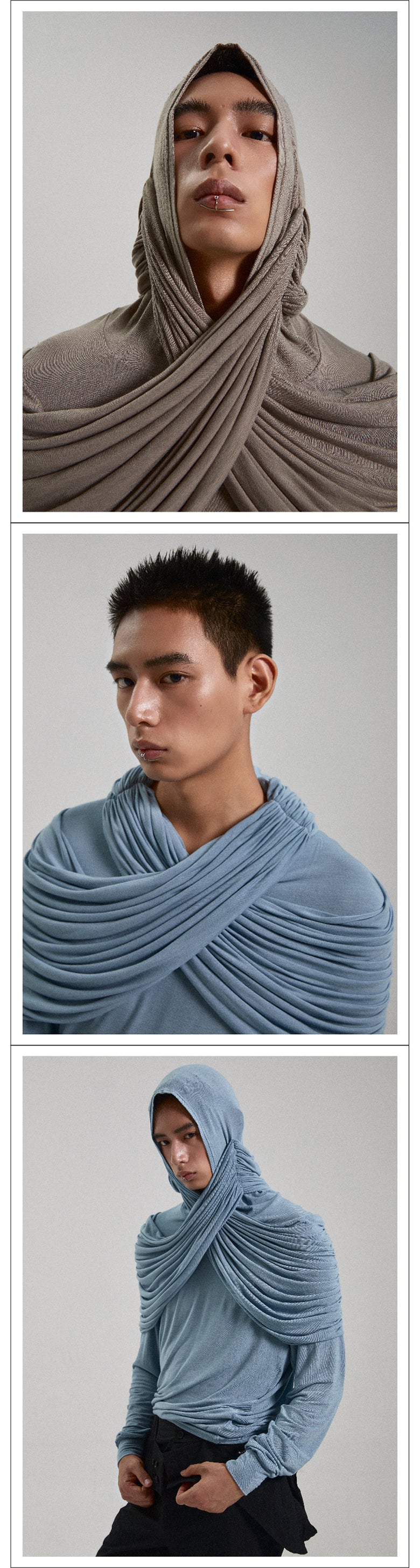 Two tone pleated hooded top