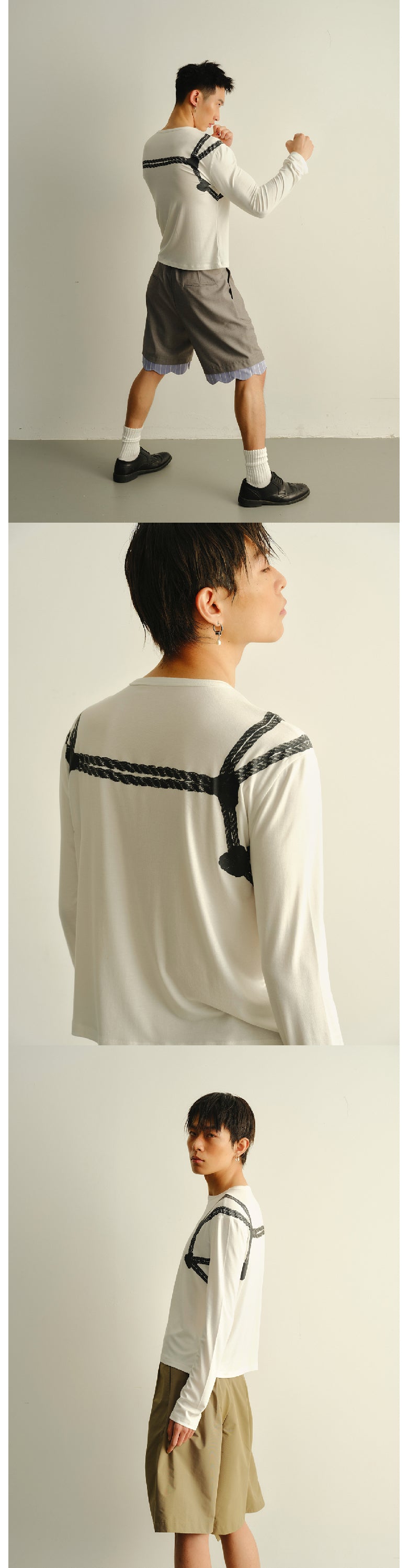 White tied long sleeved elastic T-shirt