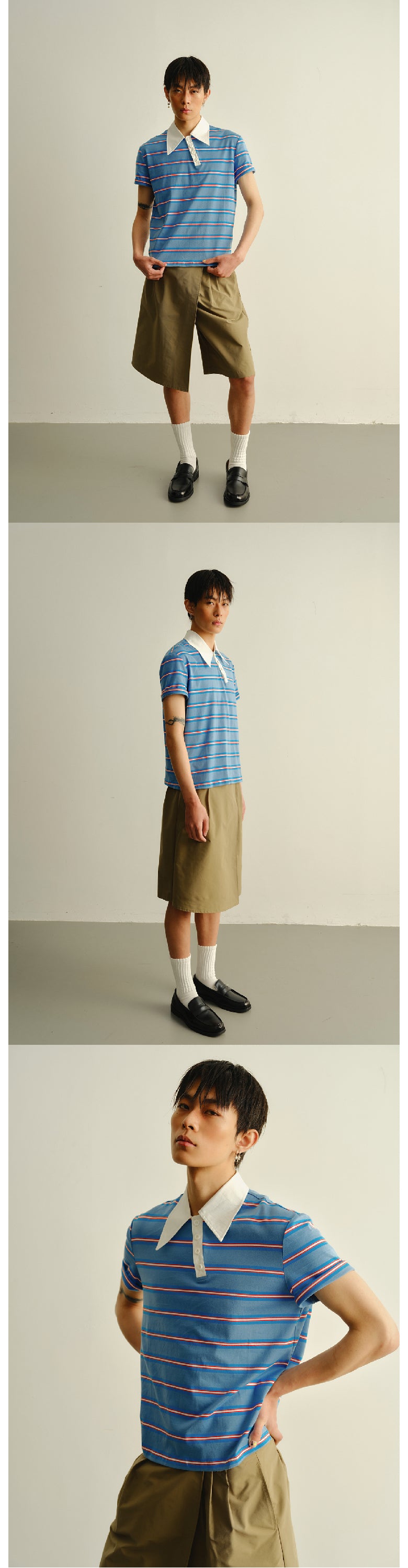Striped askew collar polo shirt