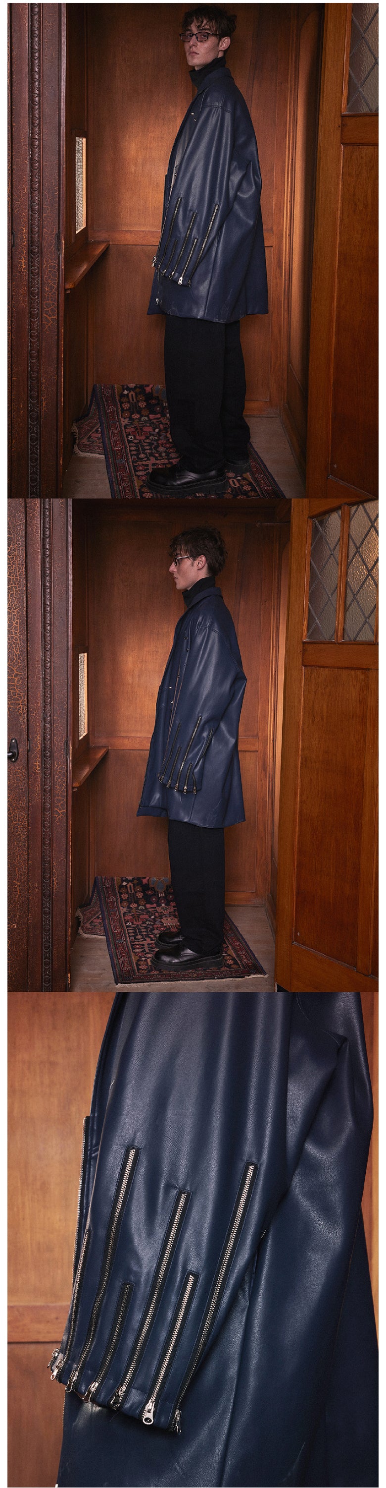 Blue cuff multi zipper silhouette jacket