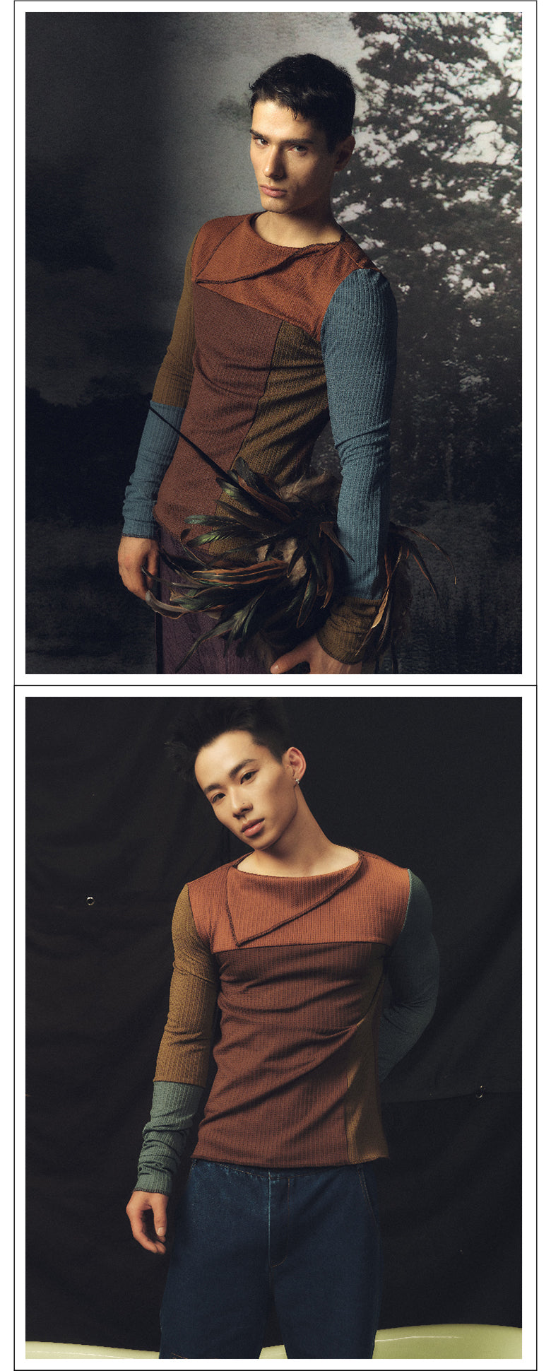 Splicing retro triangle neck tight top