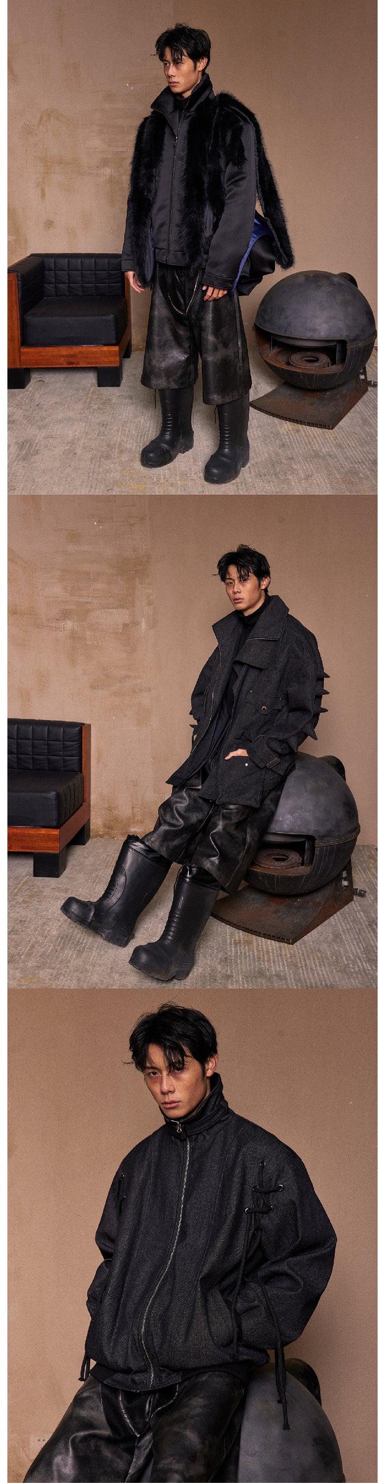 Black spliced leather zipper shorts