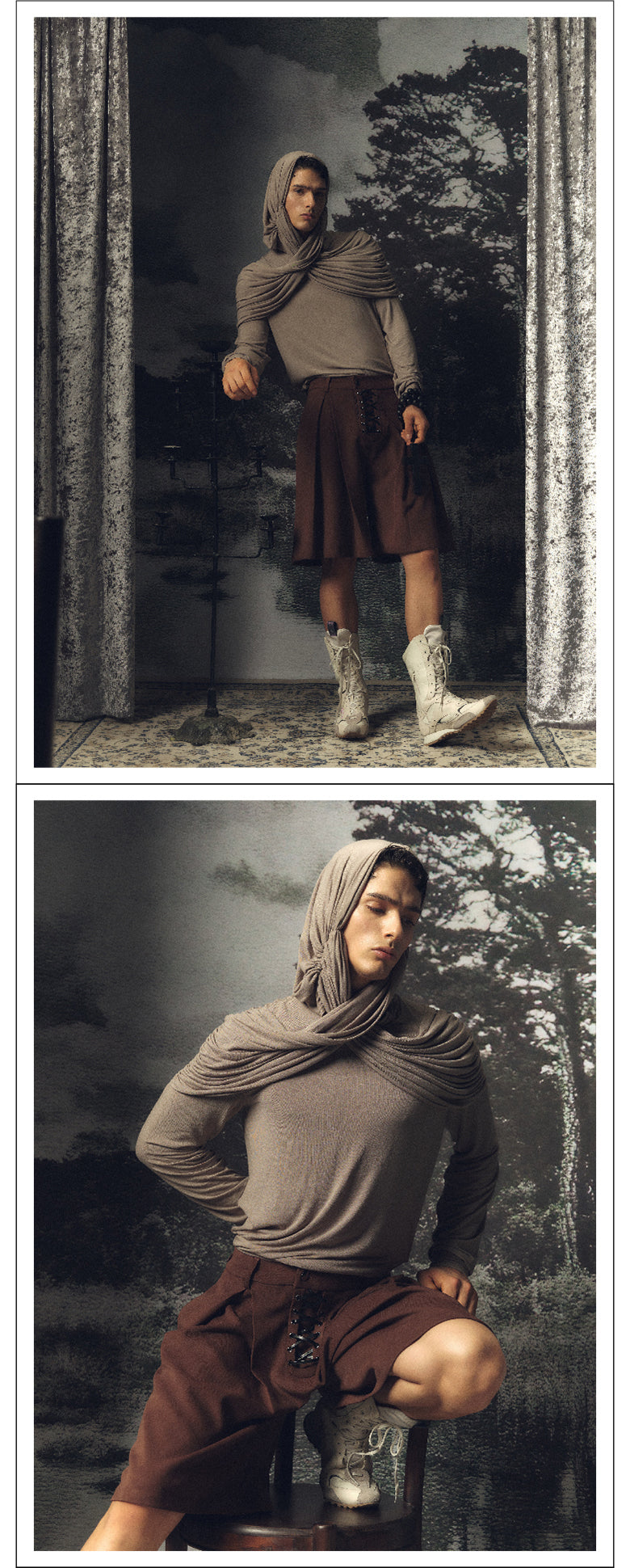 Two tone pleated hooded top