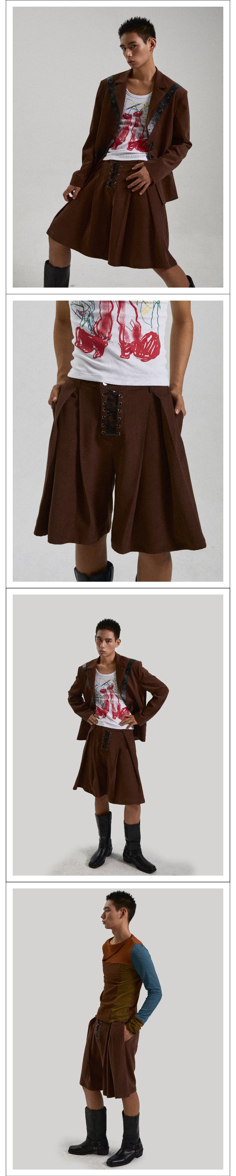 Belt decoration drawstring brown suit set