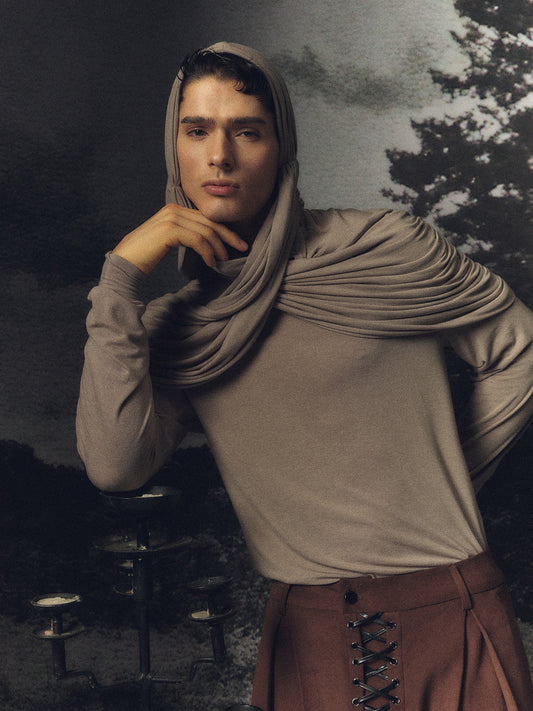 Two tone pleated hooded top