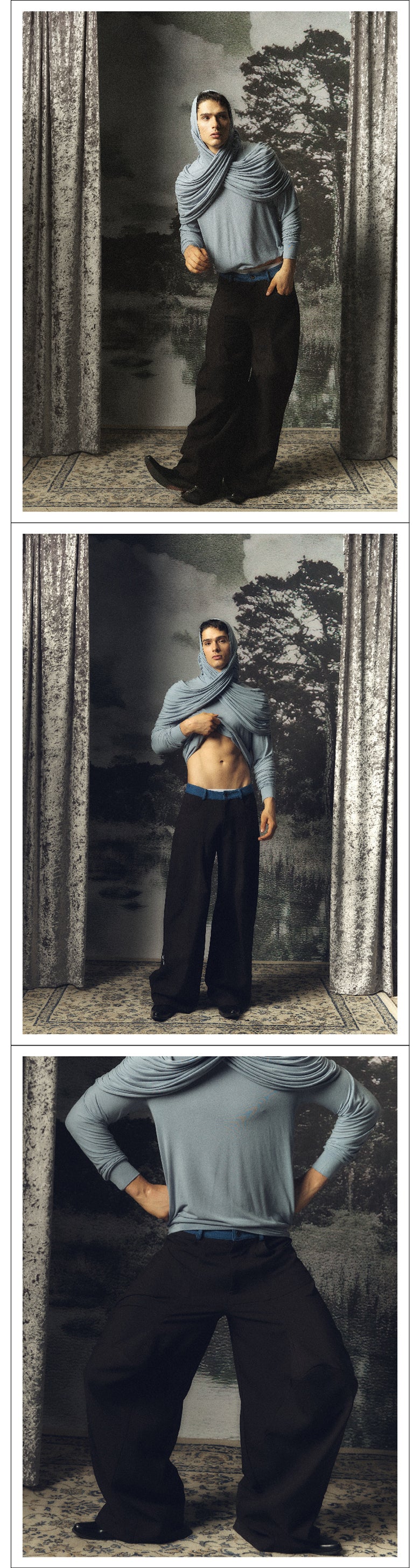 Two tone pleated hooded top