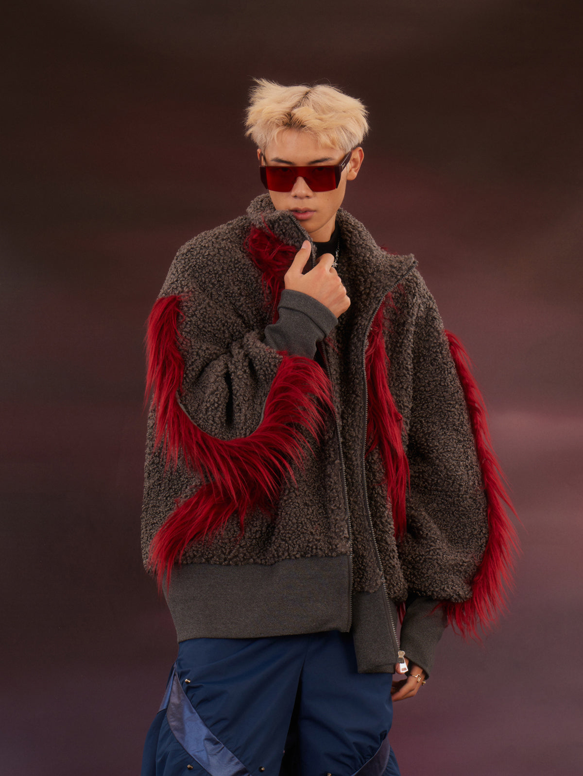 Red plush patchwork plush jacket