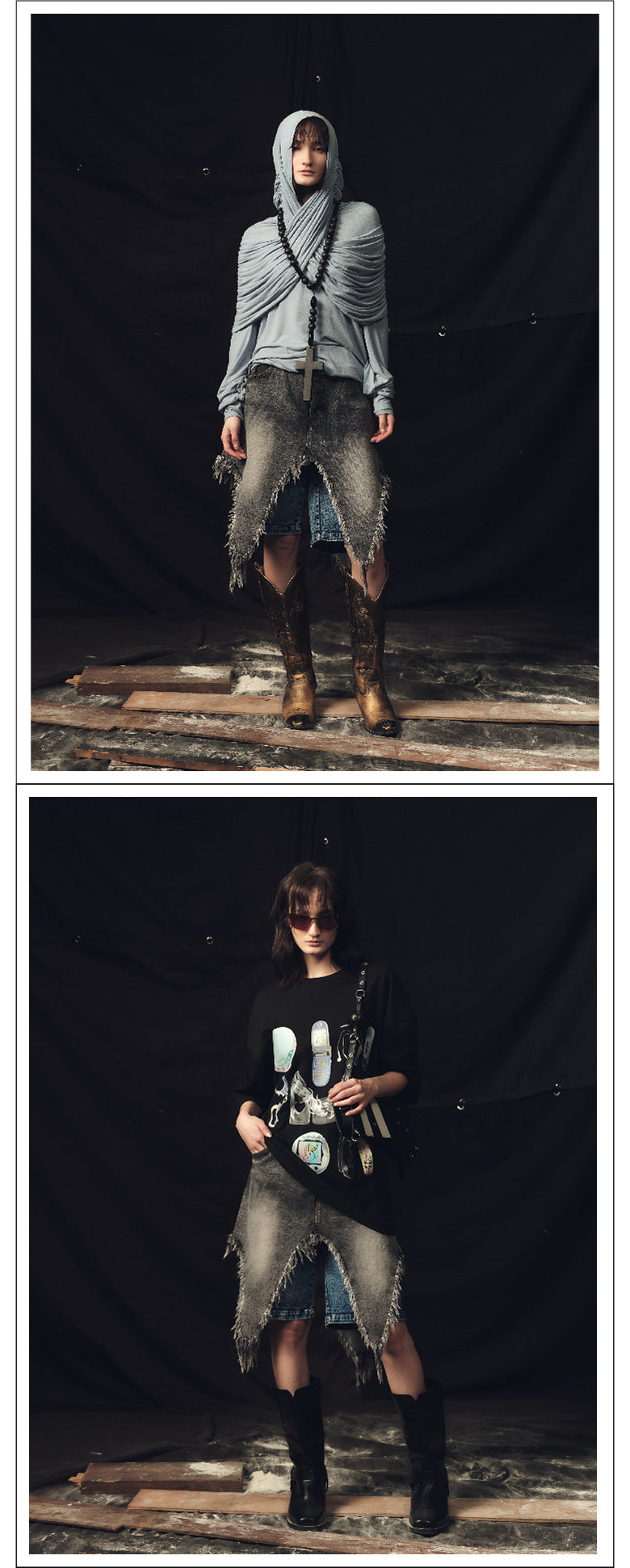 Double layered ruffled washed denim shorts