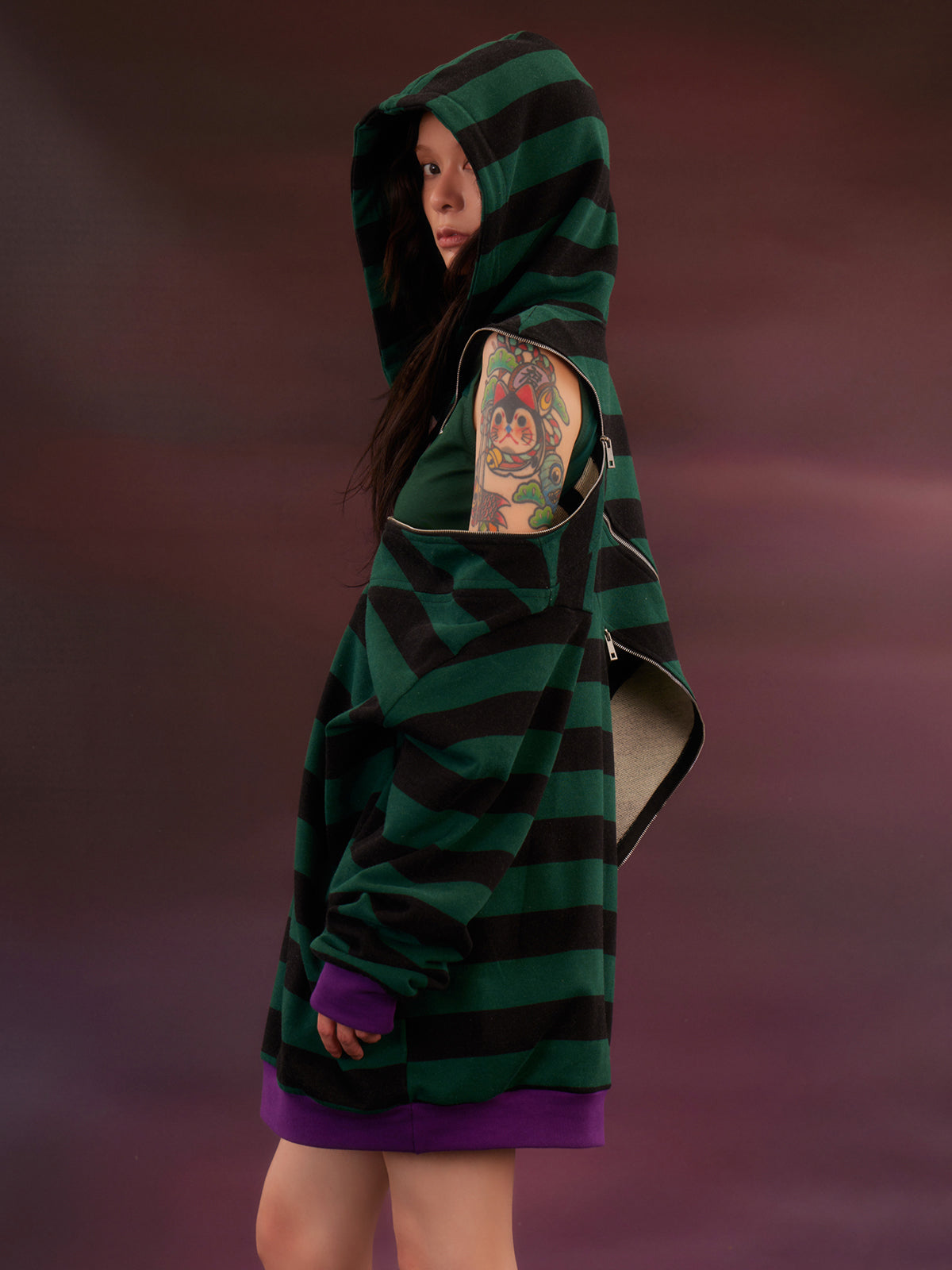 Striped Zipper Split Loose Hoodie