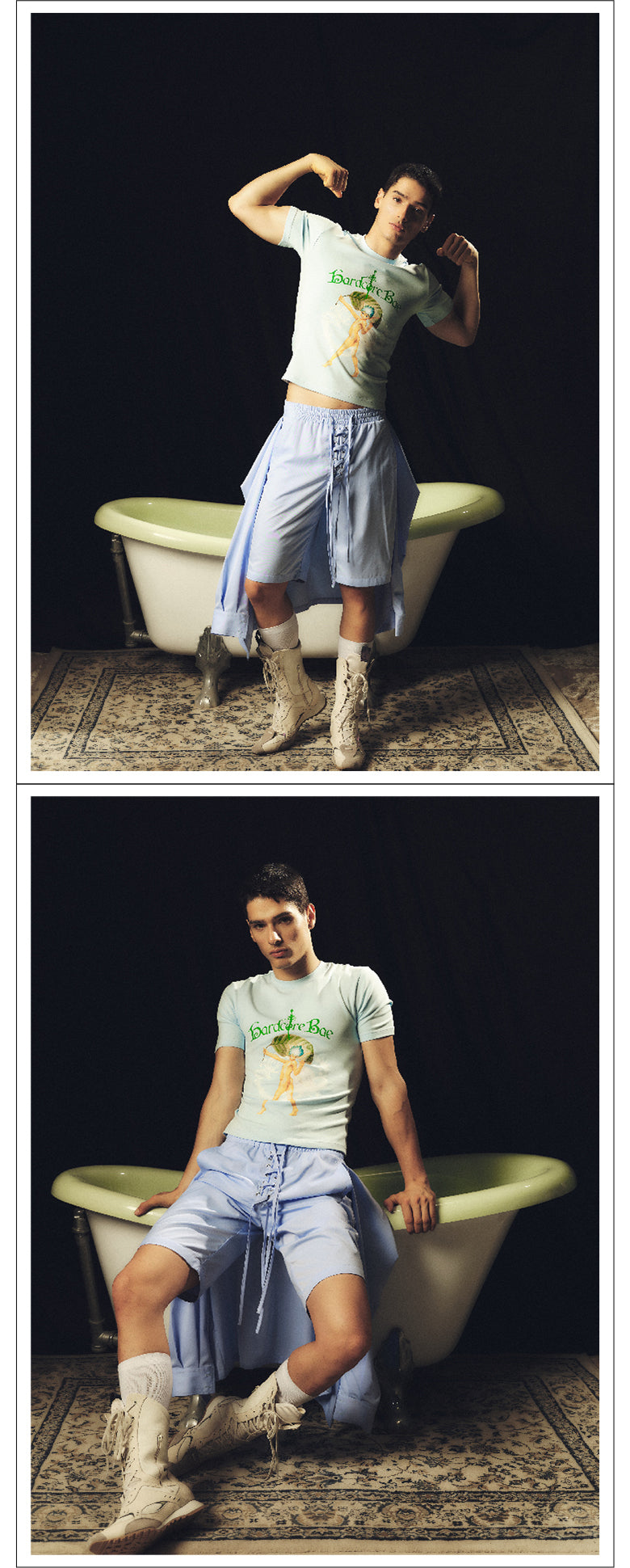 Light blue two piece shirt with strap shorts