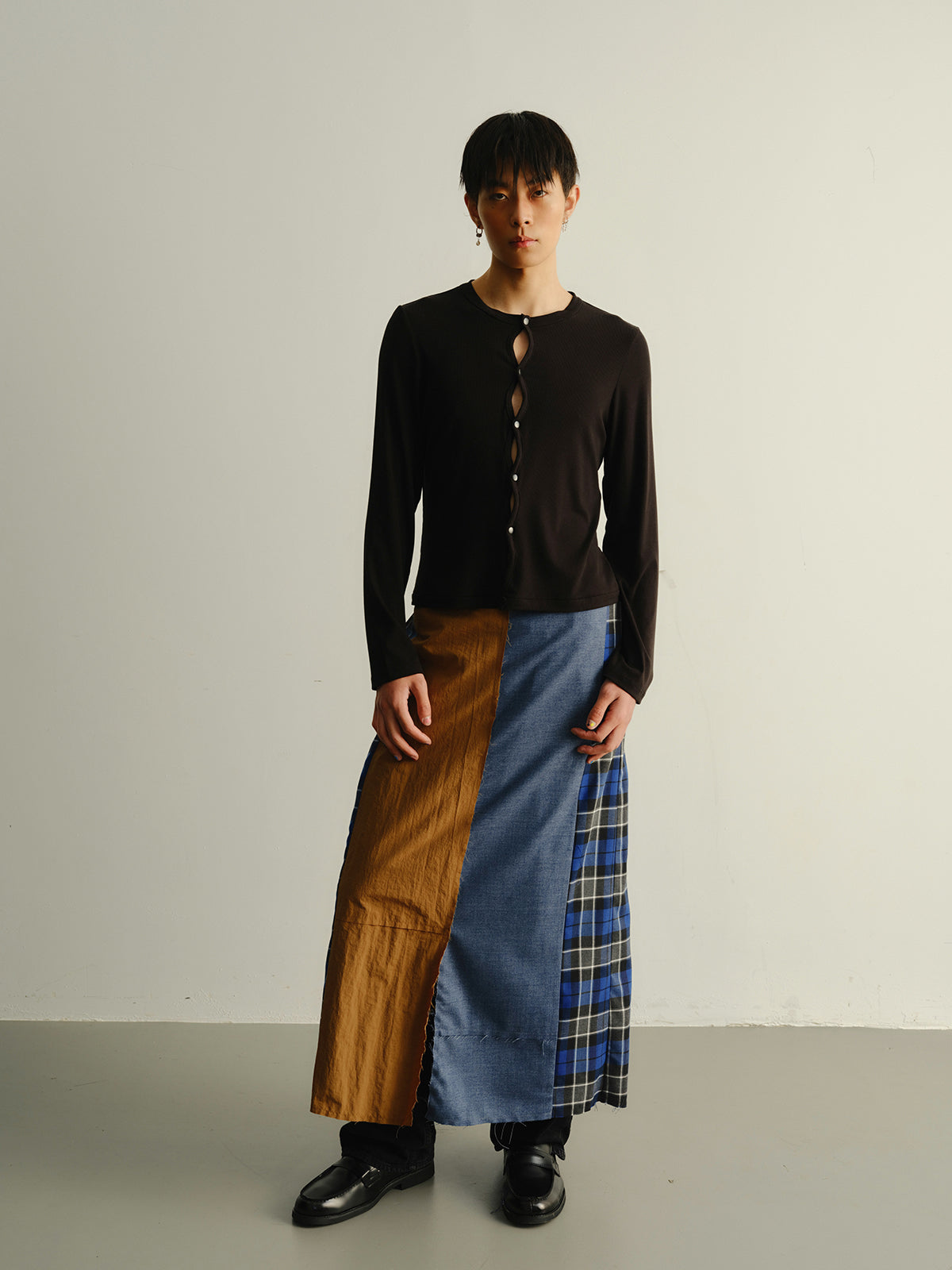 Grid splicing fringed long skirt