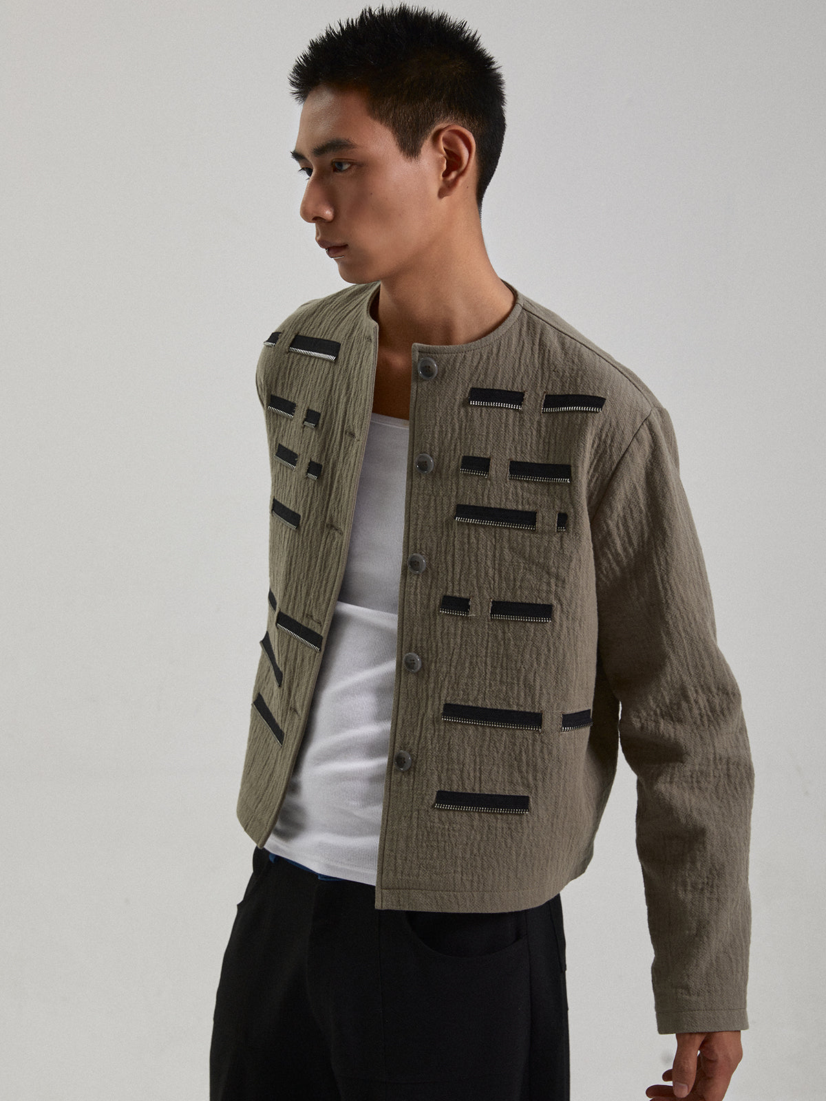 Zipper decoration retro round neck jacket