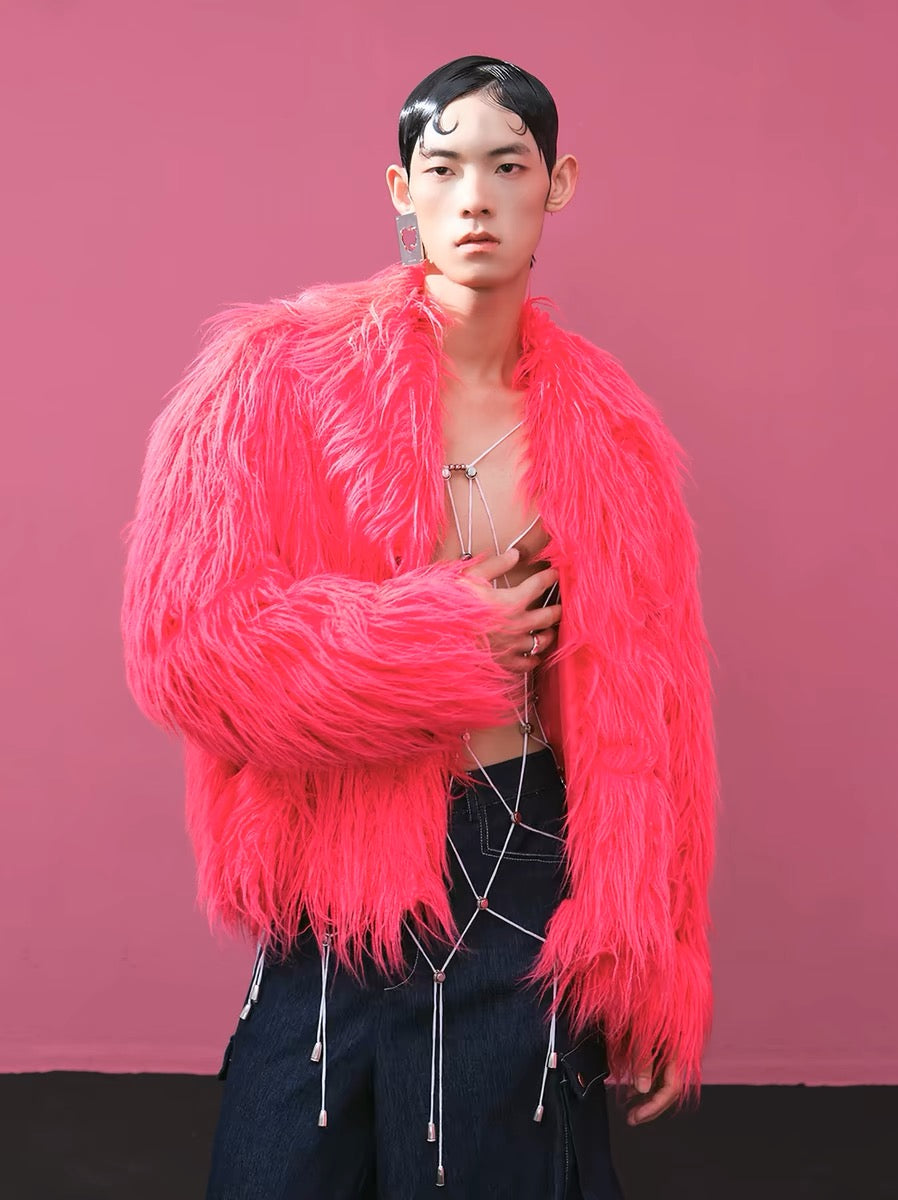 Vintage leather button long fur coat