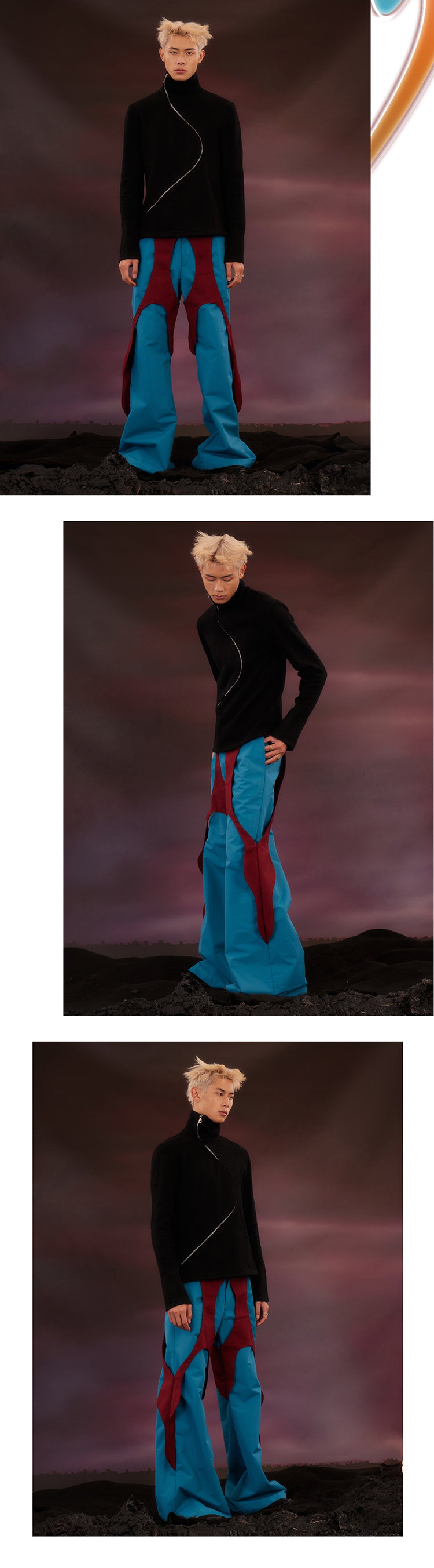 Blue and red patchwork petal pants