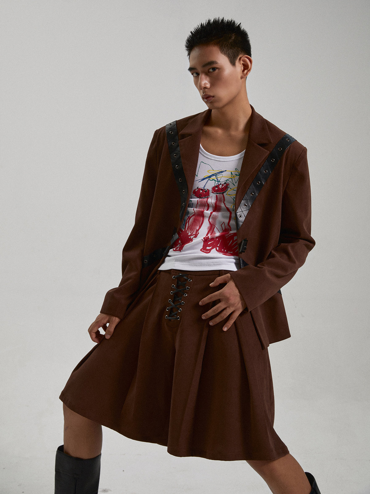 Belt decoration drawstring brown suit set