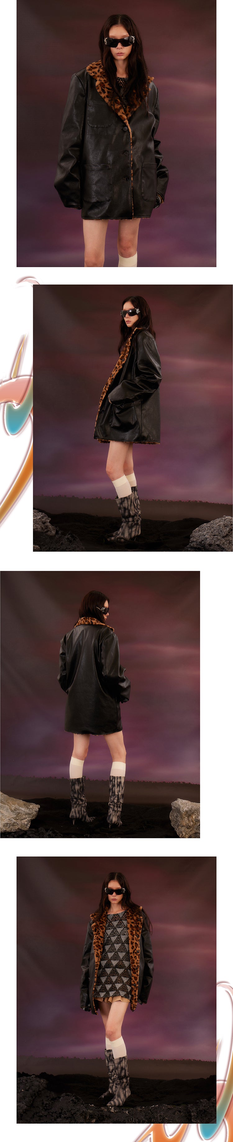 Leopard print reversible black leather jacket