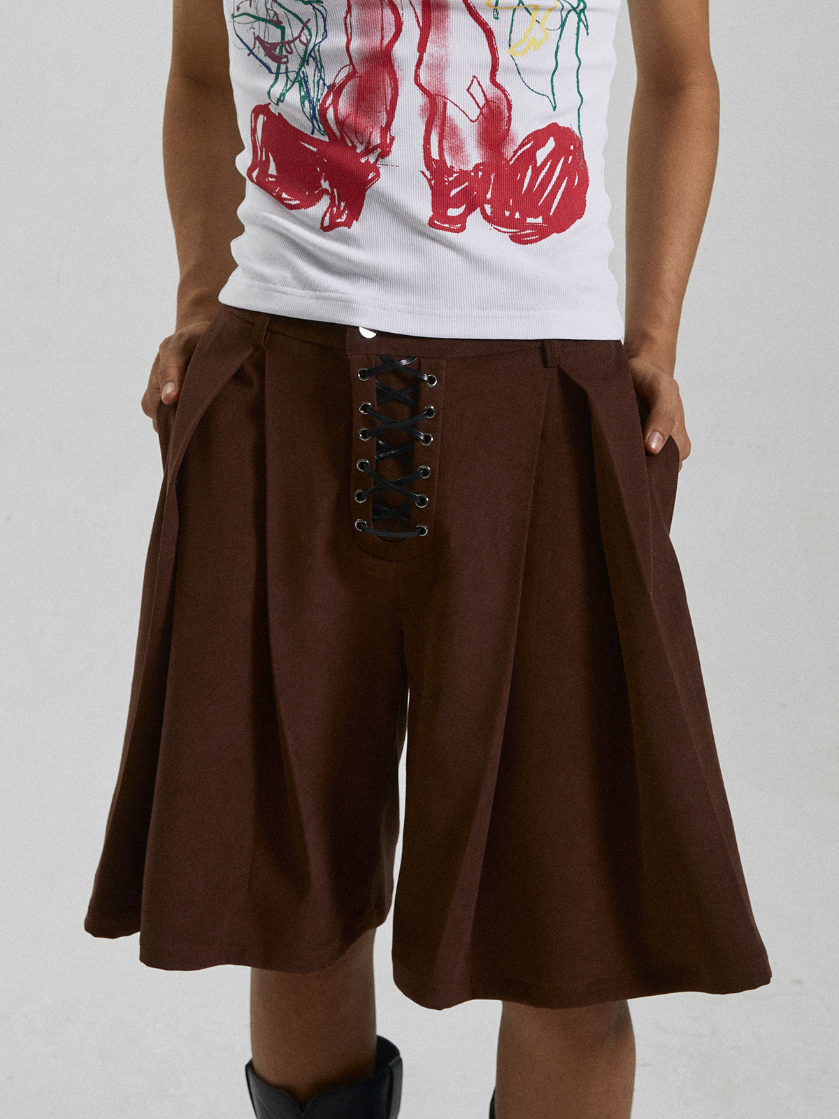 Belt decoration drawstring brown suit set