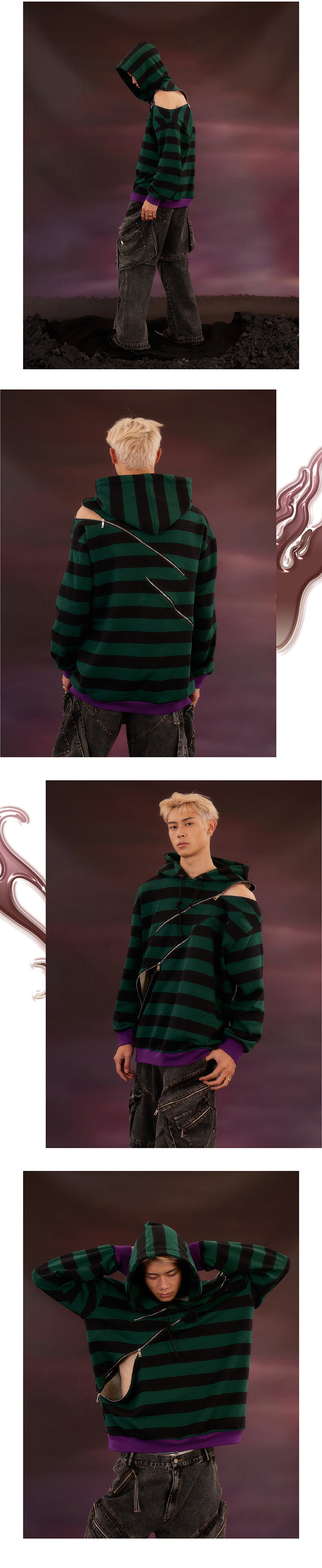 Striped Zipper Split Loose Hoodie