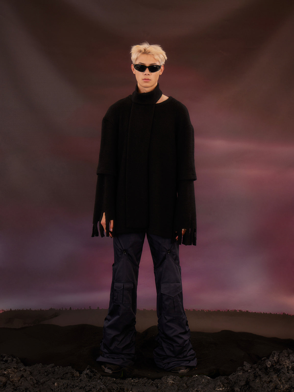 Black scarf tattered sweater