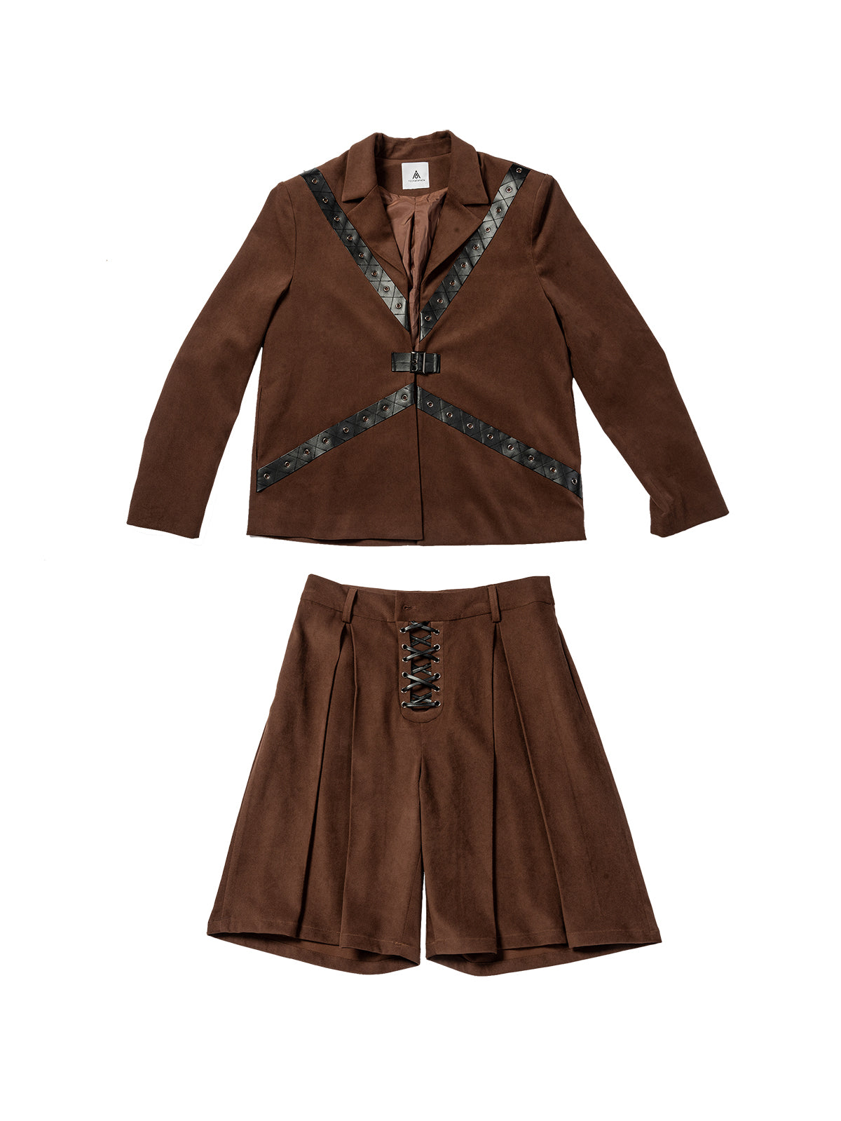 Belt decoration drawstring brown suit set