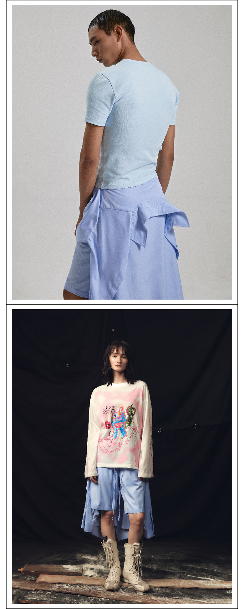 Light blue two piece shirt with strap shorts