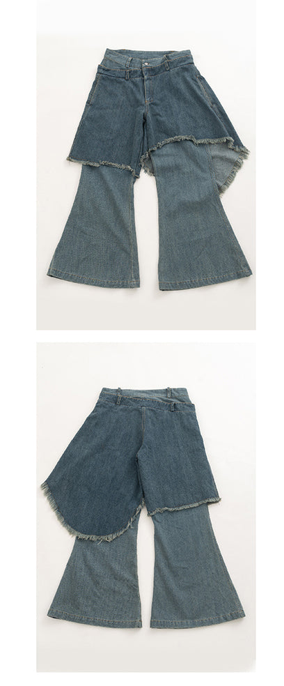 Double layered ruffled washed jeans