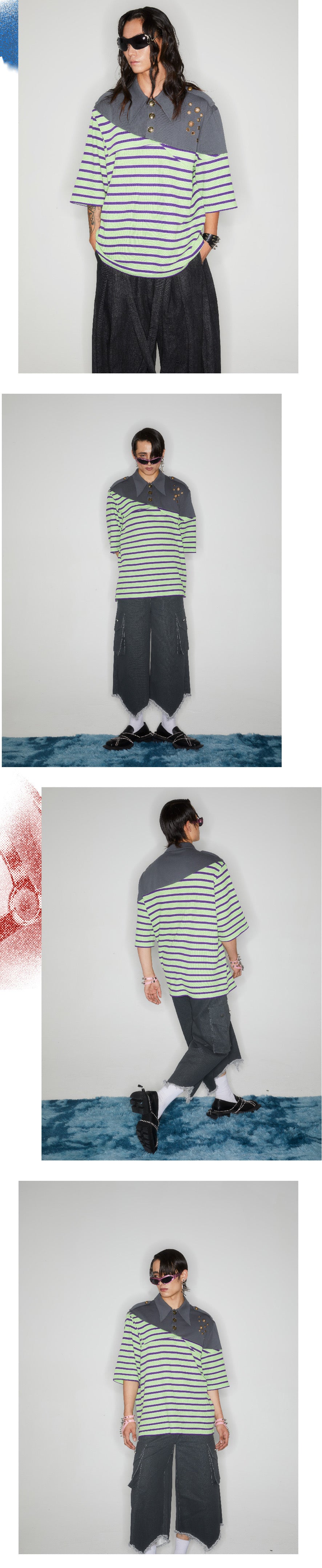 Striped patchwork polo shirt