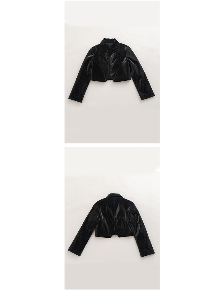 Black patent leather short leather jacket