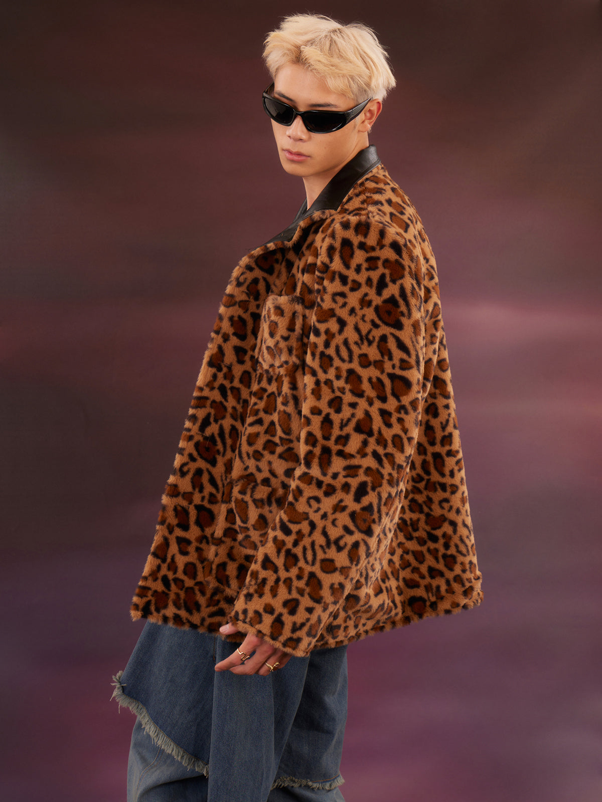 Leopard print reversible black leather jacket