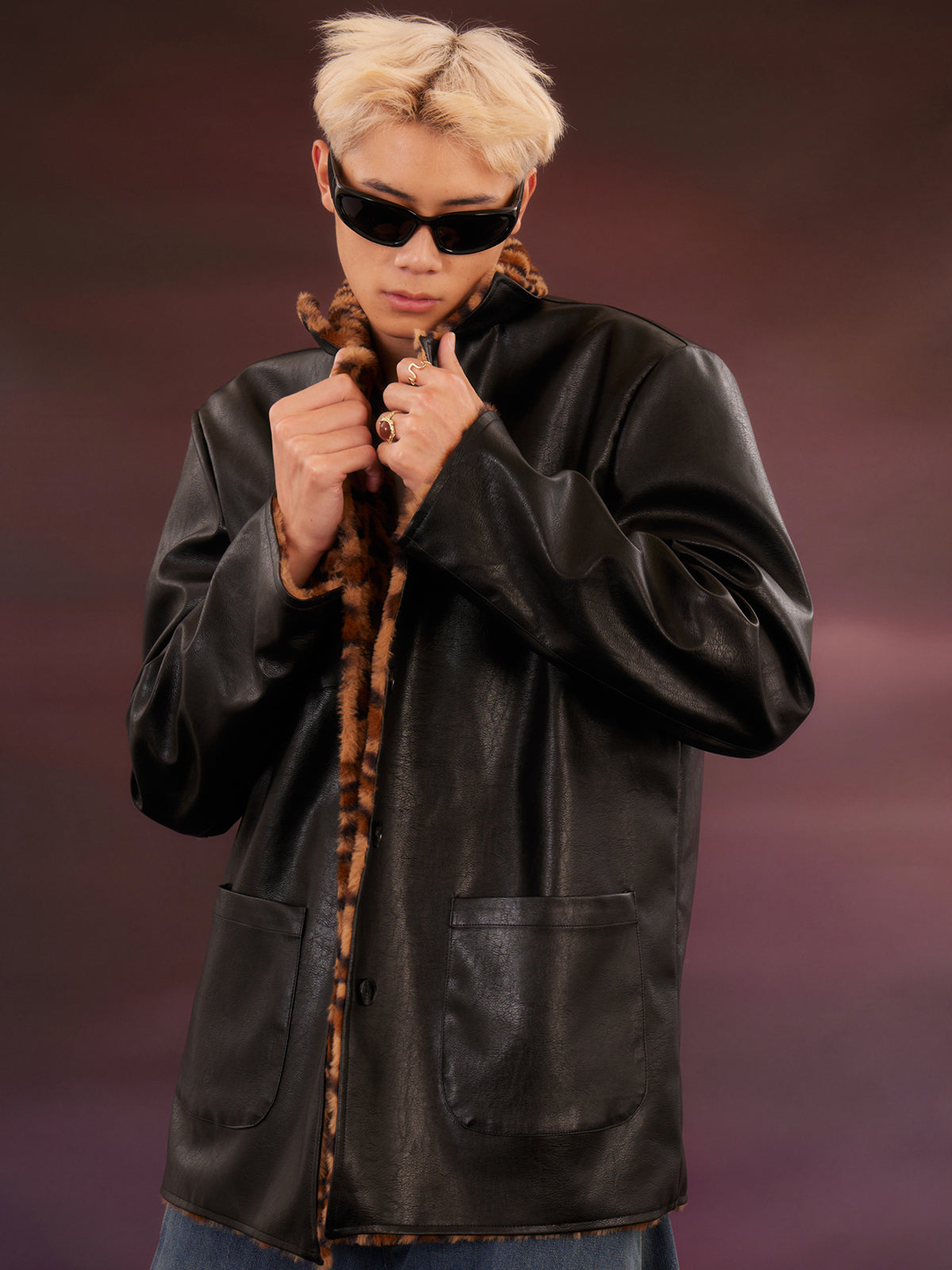 Leopard print reversible black leather jacket