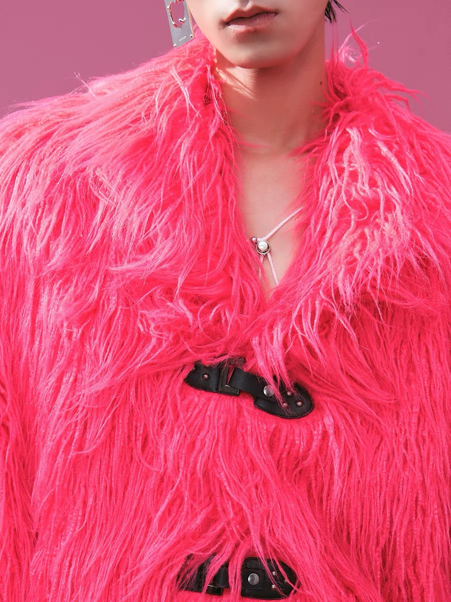 Vintage leather button long fur coat