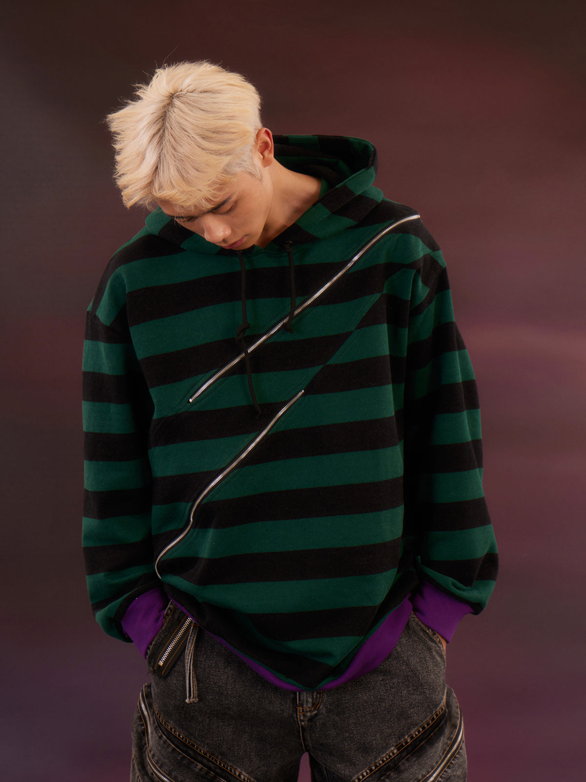 Striped Zipper Split Loose Hoodie