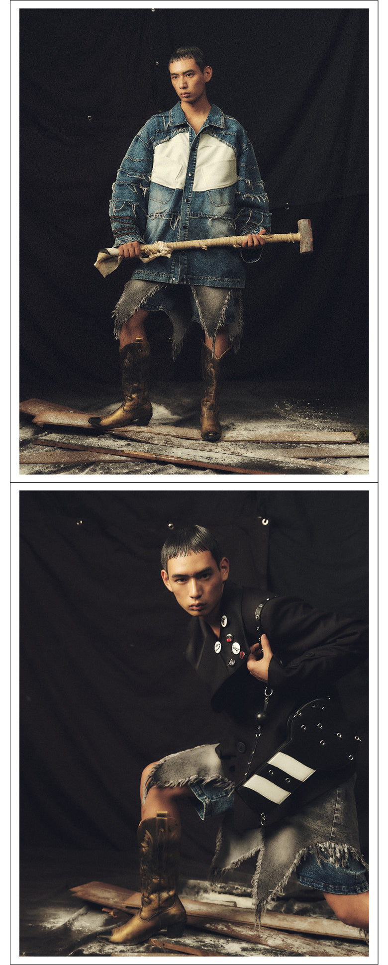 Double layered ruffled washed denim shorts