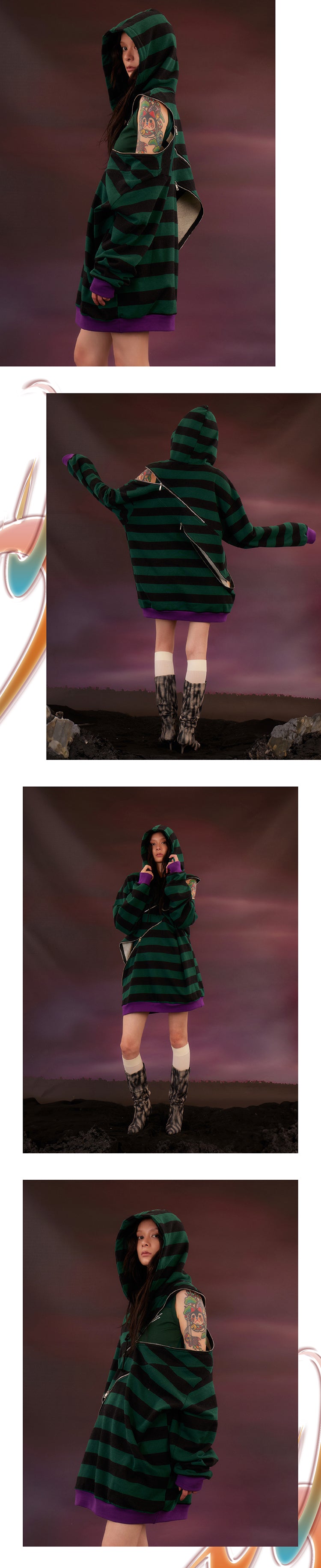 Striped Zipper Split Loose Hoodie