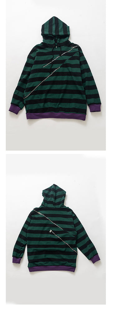 Striped Zipper Split Loose Hoodie