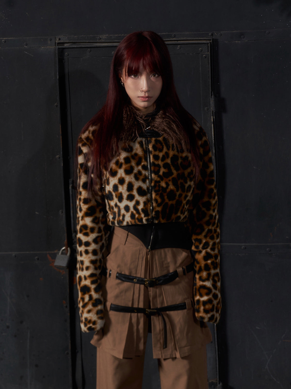 Leopard print fur short jacket