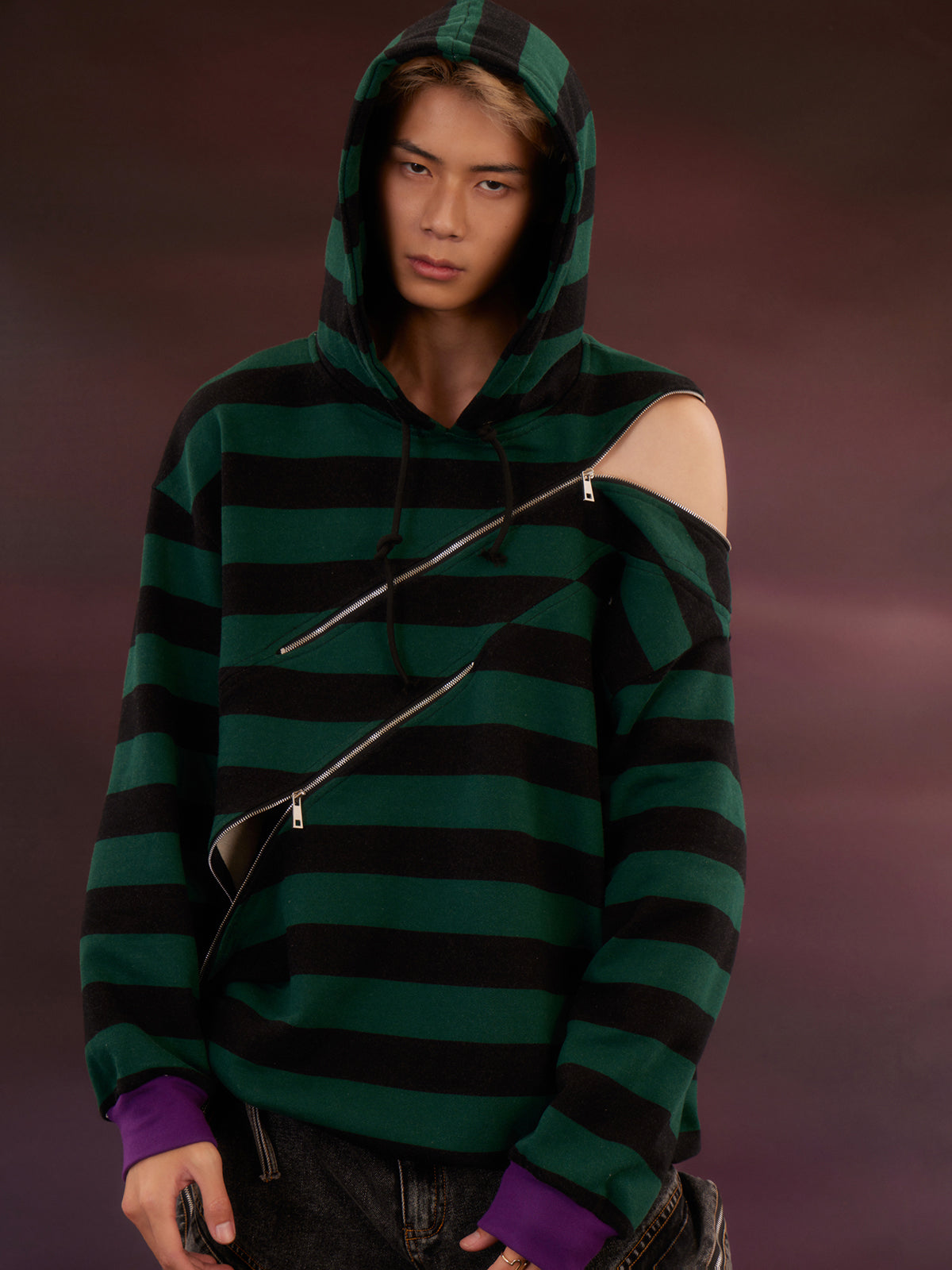 Striped Zipper Split Loose Hoodie